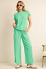 Bright Pink Solid Corded Short Sleeve T Shirt and Wide Leg Pants Set