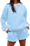 White Polka Dot Print Side Stripe Detail Casual Sweatshirt 2pcs Short Set