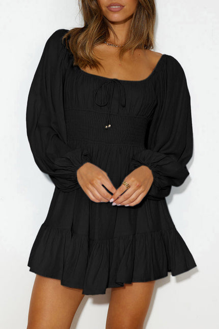 Black Solid Color Long Sleeve Shirred Drawstring Ruffle Mini Dress