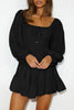 Black Solid Color Long Sleeve Shirred Drawstring Ruffle Mini Dress