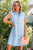 Sail Blue Ruffled Edge Collared Shift Denim Dress with Pockets