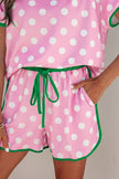 Pink Polka Dot Contrast Edge Casual Short Set