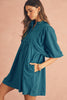 Gold Flame Light Snap Button Empire Waist Lantern Sleeve Corduroy Dress