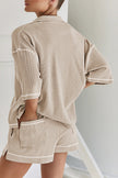Light Beige-10 Breathable Waffle Color Block Trim 2pcs Casual Short Set