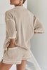 Light Beige-10 Breathable Waffle Color Block Trim 2pcs Casual Short Set