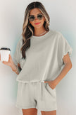 Green Solid Color Puffy Loose Top Drawstring Shorts 2pcs Outfit