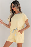 Sachet Pink Soft Ribbed Color Block Trim Casual Short Set