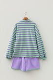 Purple Stripe Half Button Long Sleeve Top Mix and Match Shorts 2pcs Set