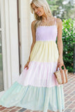 Multicolour Striped Colorblock Adjustable Strap Scalloped Detail Long Dress