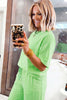 Sachet Pink Lace Patchwork Half Sleeve Top Elastic Waist Pants Two Piece Set