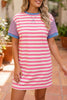 Pink Stripe Contrast Patchwork Short Sleeve T Shirt Shift Dress