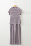 Bright Pink Solid Corded Short Sleeve T Shirt and Wide Leg Pants Set