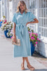 Sail Blue Full Buttons Collared Short Bubble Sleeve Long Denim Dress