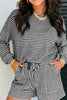 Brown Stripe Textured Knit Long Sleeve Top Elastic Waist Shorts Casual Outfit