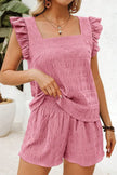 Fiery Red Textured Square Neck Top and Shirred High Waist Shorts Set