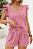Fiery Red Textured Square Neck Top and Shirred High Waist Shorts Set