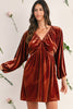 Clay Elastic V Neck Puff Sleeve Flowy Velvet Dress