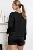 Black Textured Long Sleeve Top & Drawstring Shorts Set