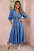 Blue V Neck Shirred Waist Metal Zipper Denim Midi Dress