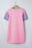 Pink Stripe Contrast Patchwork Short Sleeve T Shirt Shift Dress
