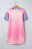 Pink Stripe Contrast Patchwork Short Sleeve T Shirt Shift Dress