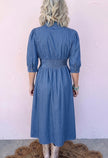 Blue V Neck Shirred Waist Metal Zipper Denim Midi Dress
