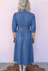 Blue V Neck Shirred Waist Metal Zipper Denim Midi Dress