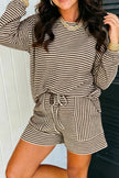 Brown Stripe Textured Knit Long Sleeve Top Elastic Waist Shorts Casual Outfit