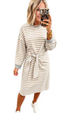 Brown Stripe Striped Colorblock Cuffs Round Neck Long Sleeve Shift Dress