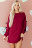 Racing Red Contrast Striped Bow Detail Drop Shoulder Sweatshirt Dress with Pockets
