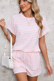 Pink Striped Print Short Sleeve Top and Pocket Shorts Set