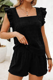 Fiery Red Textured Square Neck Top and Shirred High Waist Shorts Set