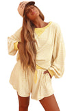 Brown Stripe Oversized Long Sleeve Top Drawstring Loose Shorts 2pcs Set