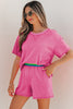 Bright Pink Seam Detail Raw Edge Tee Rainbow Waistband Casual Short Set