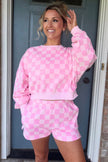 Pink Plaid Checkered Long Sleeve Crop Top Elastic Waist Shorts Two Piece Set