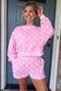 Pink Plaid Checkered Long Sleeve Crop Top Elastic Waist Shorts Two Piece Set