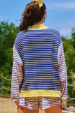 Blue Stripe Color Block Long Sleeve Pullover Ribbed Knit Casual Shorts Set