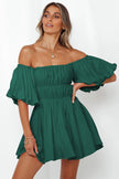 Green-2 Solid Color Shirred Bubble Sleeve Off Shoulder Babydoll Dress
