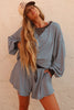 Brown Stripe Oversized Long Sleeve Top Drawstring Loose Shorts 2pcs Set