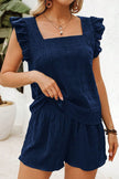 Fiery Red Textured Square Neck Top and Shirred High Waist Shorts Set