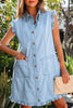 Sail Blue Ruffled Edge Collared Shift Denim Dress with Pockets