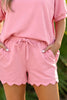 Gossamer Pink Scalloped V Neck Dolman Oversize Top Drawstring Short Set
