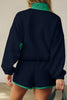 Navy Blue Colorblock Patchwork Half Button Pullover and Shorts Outfit