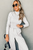 Light Grey Long Sleeve High Neck Slim Top Smocked Waist Central Seam Pants Set