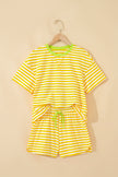 Yellow Stripe Contrast Neck Loose Tee and Drawstring Shorts Set