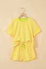 Yellow Stripe Contrast Neck Loose Tee and Drawstring Shorts Set