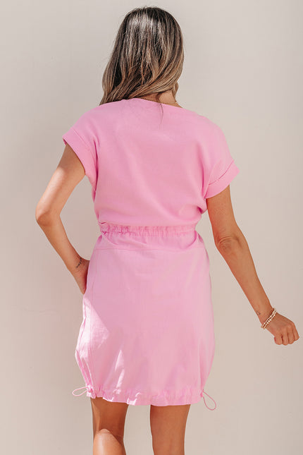 Bonbon Cuffed Short Sleeve Mix Fabric Patchwork Drawstring Mini Dress