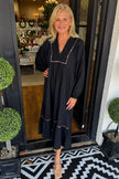 Green Collared V Neck Smocked Detail Contrast Leopard Trim Long Dress
