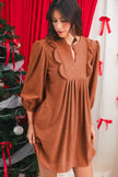 Moss Green Split Neck Scallop Detail Pleated Corduroy Mini Dress