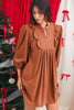 Moss Green Split Neck Scallop Detail Pleated Corduroy Mini Dress